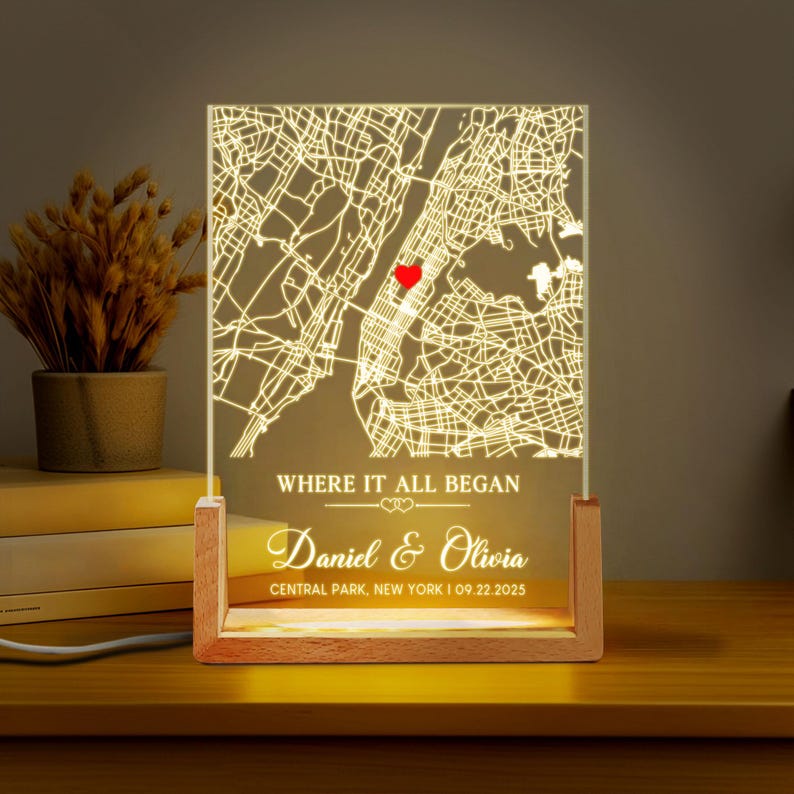 Personalized Map Print Night Light, Anniversary Gifts for Him, Where It All Began Map Night Light,Our First Date Night Light, Valentine Gift