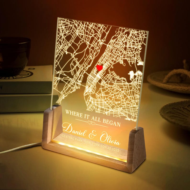 Personalized Map Print Night Light, Anniversary Gifts for Him, Where It All Began Map Night Light,Our First Date Night Light, Valentine Gift