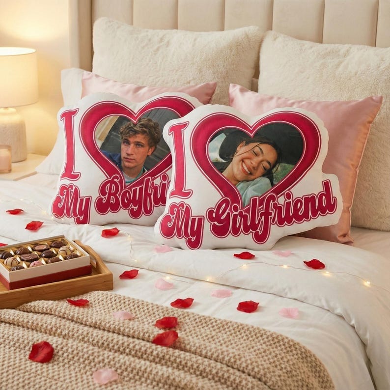 Custom Photo Heart Pillow, Personalized Plush Throw Pillow, Couple Portrait Cushion, Valentine Decor