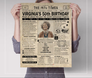 50th Birthday newspaper poster, Printable 50th birthday party decor, Birthday poster containing news & highlights from 1976 in USA
