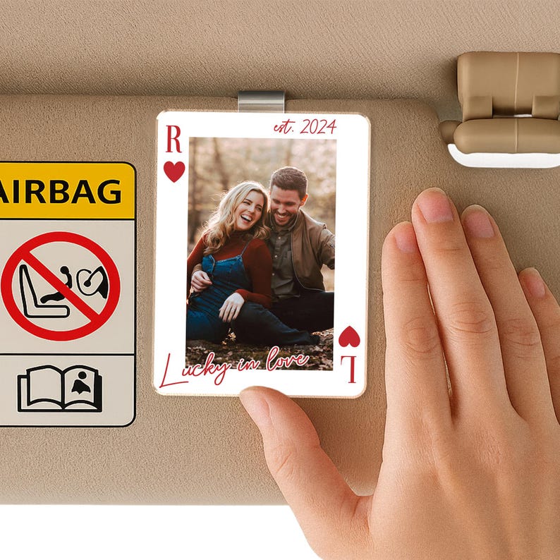 Personalized Couple Photo Visor Clip, Drive Safe Gift for Him, Valentines Day Gift for Boyfriend, Couple Playing Card Car Visor Clip