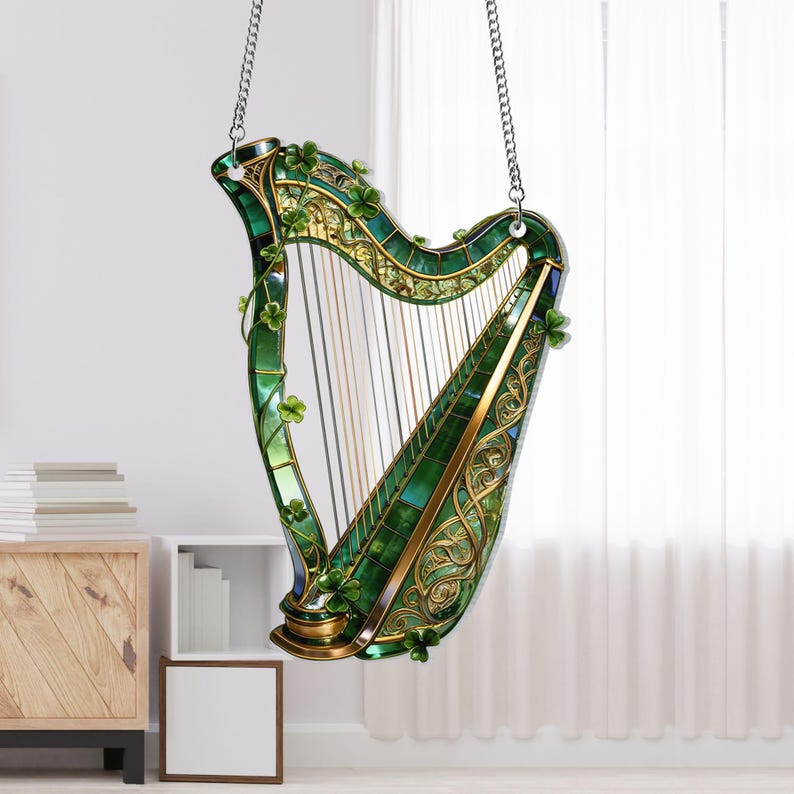Shamrock Window Hanging, Irish Harp Window Decor, St. Patrick's Day Decoration, Shamrock Suncatcher, Celtic Harp, Celtic Gifts, Irish Decor