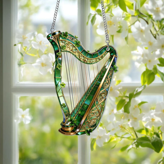 Shamrock Window Hanging, Irish Harp Window Decor, St. Patrick's Day Decoration, Shamrock Suncatcher, Celtic Harp, Celtic Gifts, Irish Decor