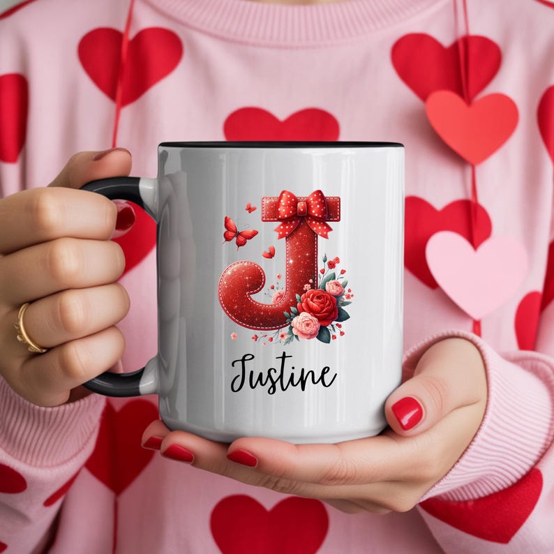 Personalized Valentine Mug Gift - Floral Initial Monogram | Custom Name Coffee Cup