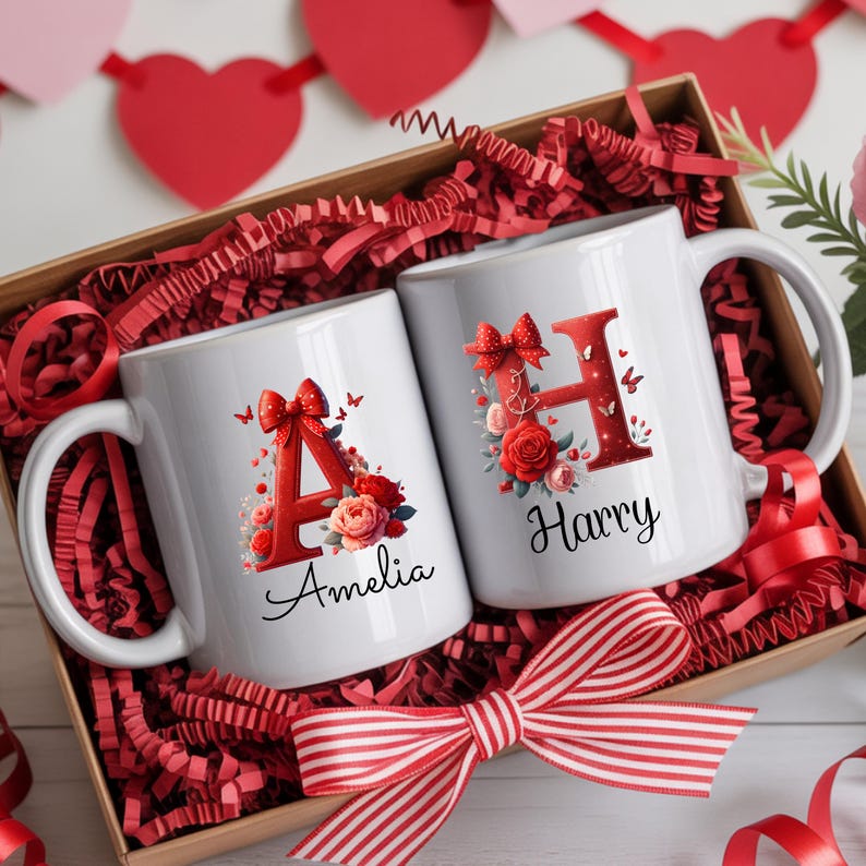 Personalized Valentine Mug Gift - Floral Initial Monogram | Custom Name Coffee Cup