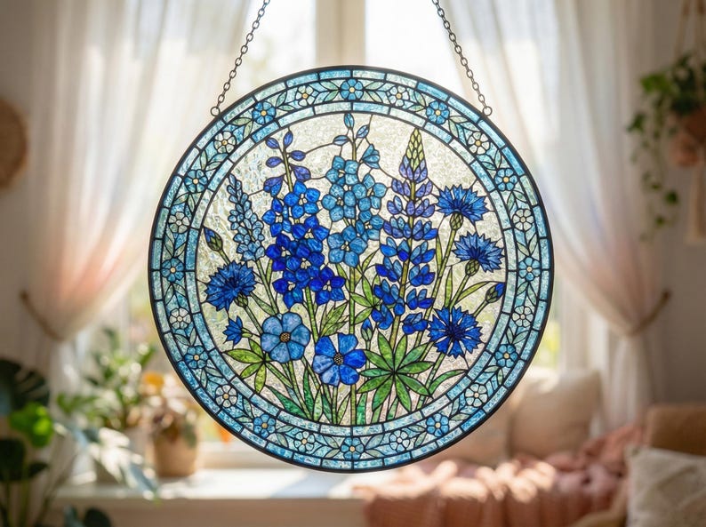 Blue Wildflower Stained Glass Suncatcher - Botanical Glass Window Hanging - Personalized Birthday Gift for Her