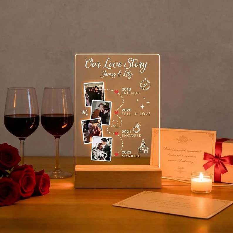 Personalized Couple Photo LED Acrylic Night Light, Custom Love Timeline Lamp, Anniversary Wedding Valentine s Day Gift, Gift for Her