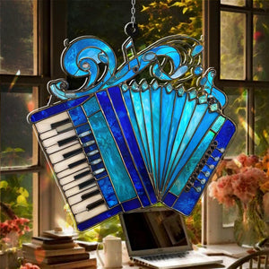Customed Blue Accordion Acrylic Suncatcher, Musical Instrument Window Art Decor, Folk Music Lover Gift, Aesthetic Musician Wall Ornament