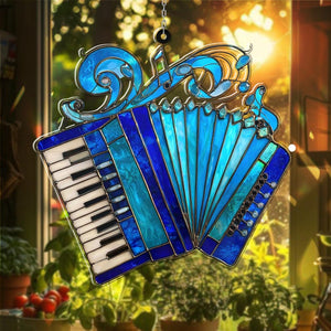 Customed Blue Accordion Acrylic Suncatcher, Musical Instrument Window Art Decor, Folk Music Lover Gift, Aesthetic Musician Wall Ornament