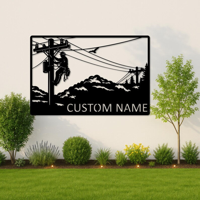 Lineman Power Metal Wall Art, Electrician Metal Wall Art, Lineman Power Pole Sign, Custom Name Metal Art, Utility Worker Gift, Outdoor Sign