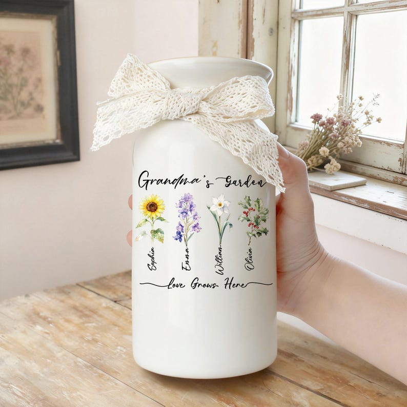 Personalized Grandma's Garden Vase, Custom Birth Flower Vase, Mothers Day Gift for Nana, Gift from Grandkids, Ceramic Flower Pot, Nanny