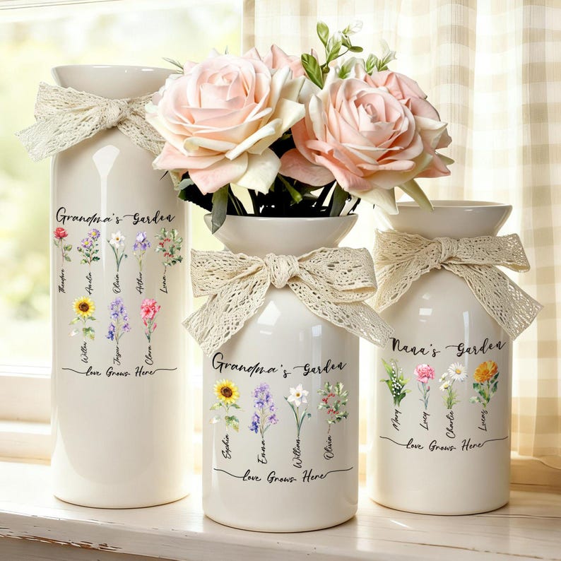 Personalized Grandma's Garden Vase, Custom Birth Flower Vase, Mothers Day Gift for Nana, Gift from Grandkids, Ceramic Flower Pot, Nanny