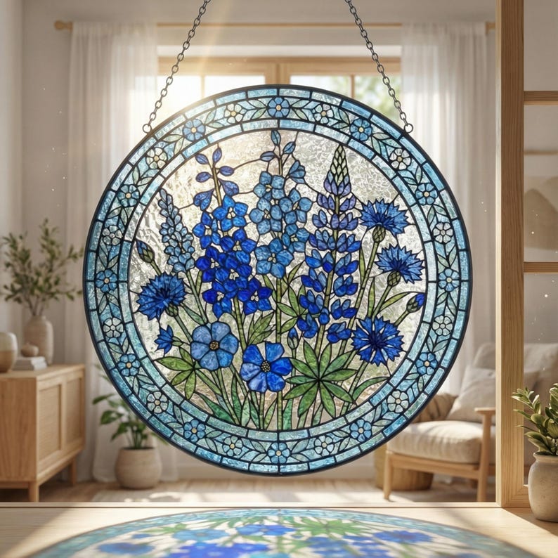 Blue Wildflower Stained Glass Suncatcher - Botanical Glass Window Hanging - Personalized Birthday Gift for Her