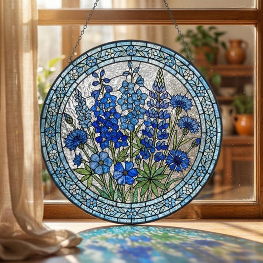 Blue Wildflower Stained Glass Suncatcher - Botanical Glass Window Hanging - Personalized Birthday Gift for Her