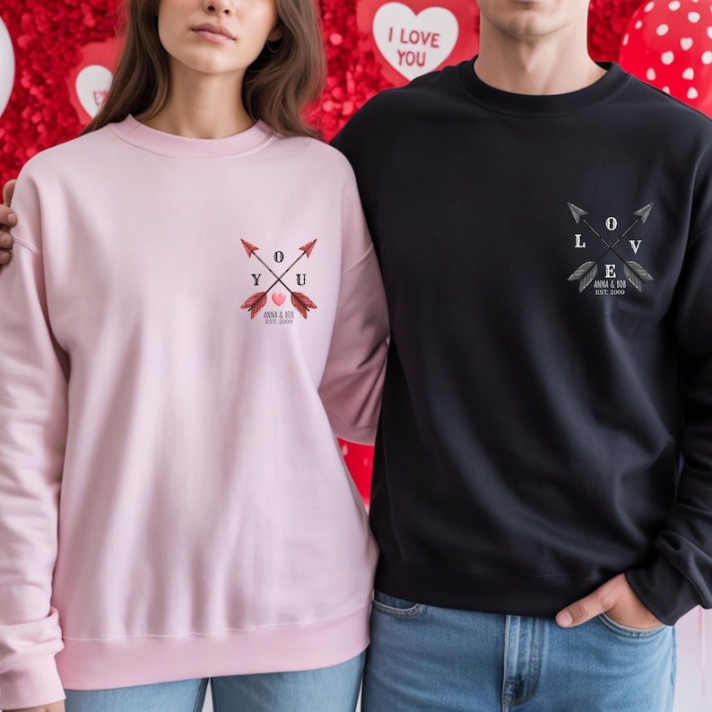Custom Couple Sweatshirt T-shirt Personalized Love Arrow Hoodie Anniversary Gift for Him Her Valentine Day