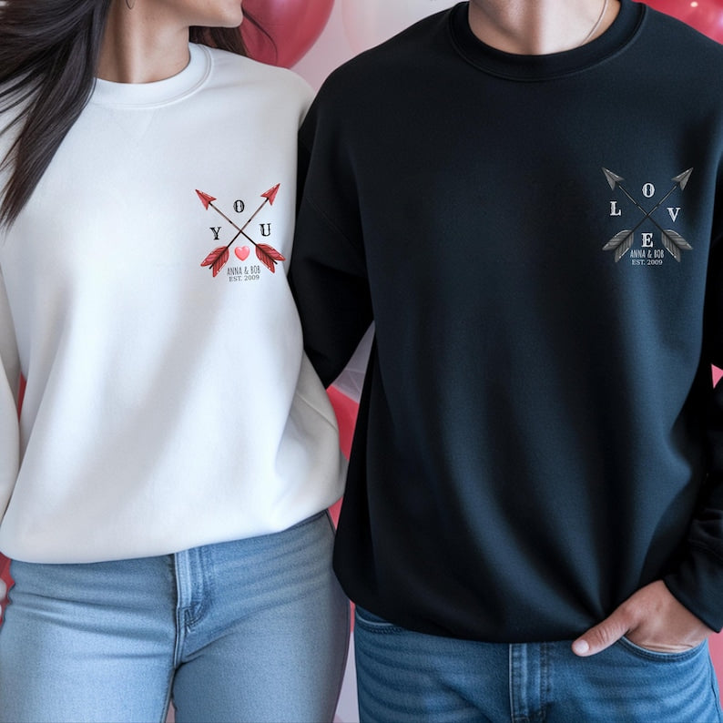 Custom Couple Sweatshirt T-shirt Personalized Love Arrow Hoodie Anniversary Gift for Him Her Valentine Day