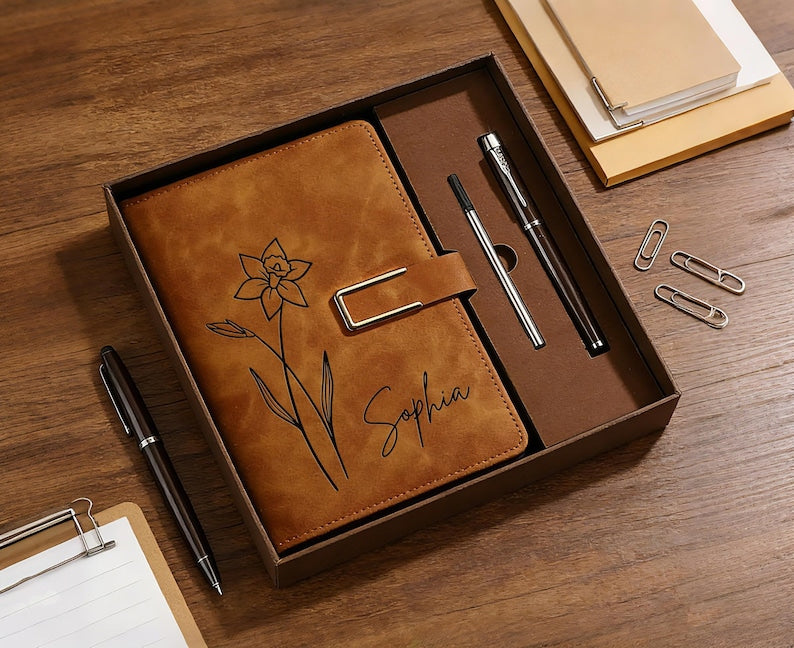 Engraved Birth Flower Leather Journal, Personalized Name Notebook Set, Graduation Gifts for Her