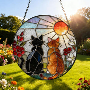 Charming Black Orange Cat Couple Garden Suncatcher Tabby Cat Stained Glass Window Hanging Glass Moon Ornament Mom Gift