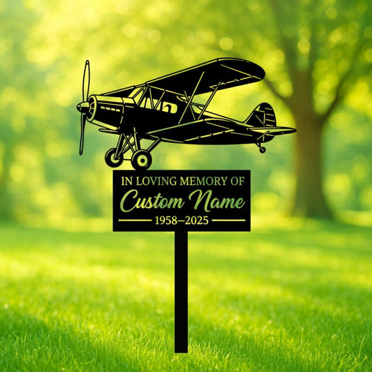 Personalized Airplane Memorial Garden Stake, Custom Pilot Tribute Metal Yard Sign, In Loving Memory Grave Marker with Name Dates
