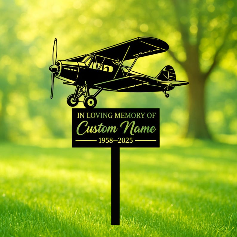 Personalized Airplane Memorial Garden Stake, Custom Pilot Tribute Metal Yard Sign, In Loving Memory Grave Marker with Name Dates