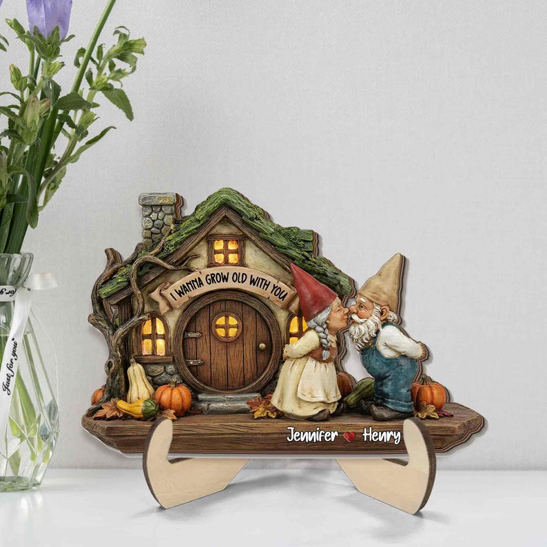Personalized Gnome Couple Plaque, Growing Old Together Name Sign, Custom Couple Standing Wood Sign, Romantic Anniversary Gift for Couples