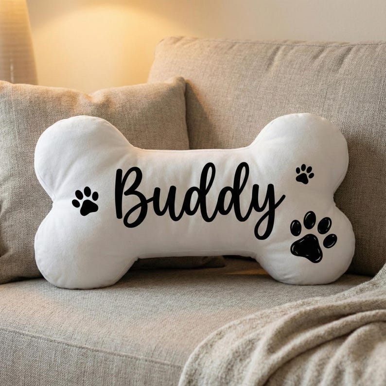 Personalized Dog Bone Pillow: Custom Name Print, Paw Pattern, White Plush Pillow