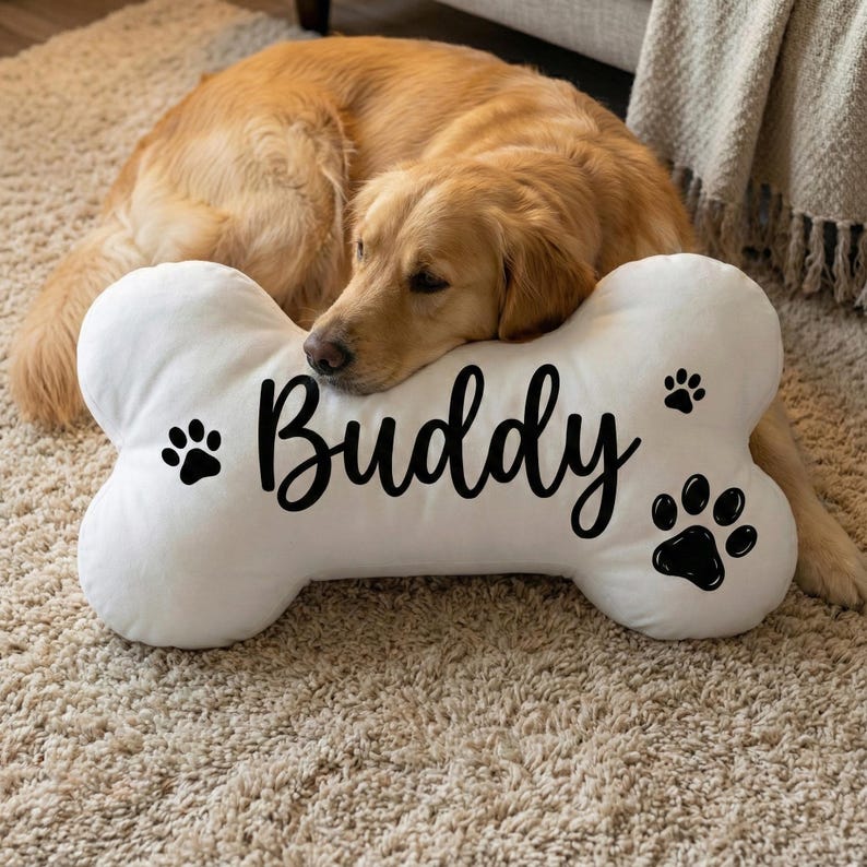 Personalized Dog Bone Pillow: Custom Name Print, Paw Pattern, White Plush Pillow