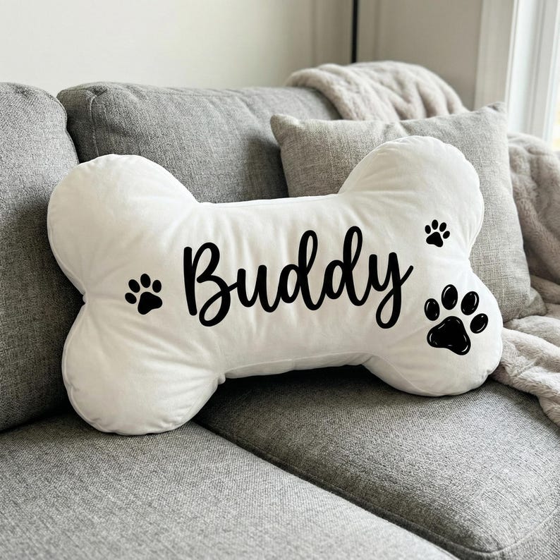 Personalized Dog Bone Pillow: Custom Name Print, Paw Pattern, White Plush Pillow
