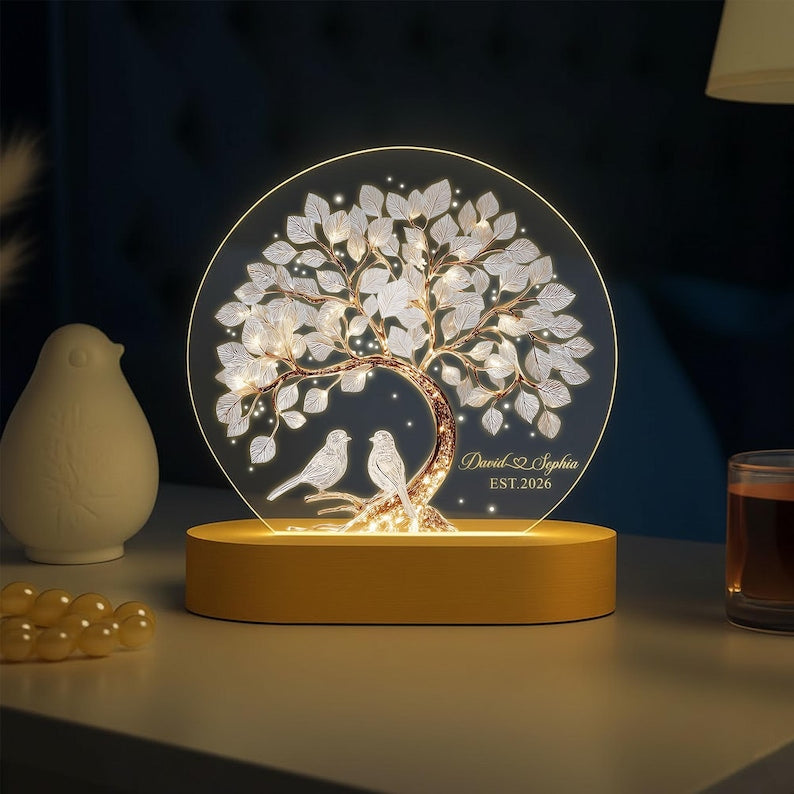 Custom Tree Of Love Couples Night Light, Couples Bird Name Led Light, Romantic Gift For Couples, Couples Anniversary Gift, Wedding Led Light