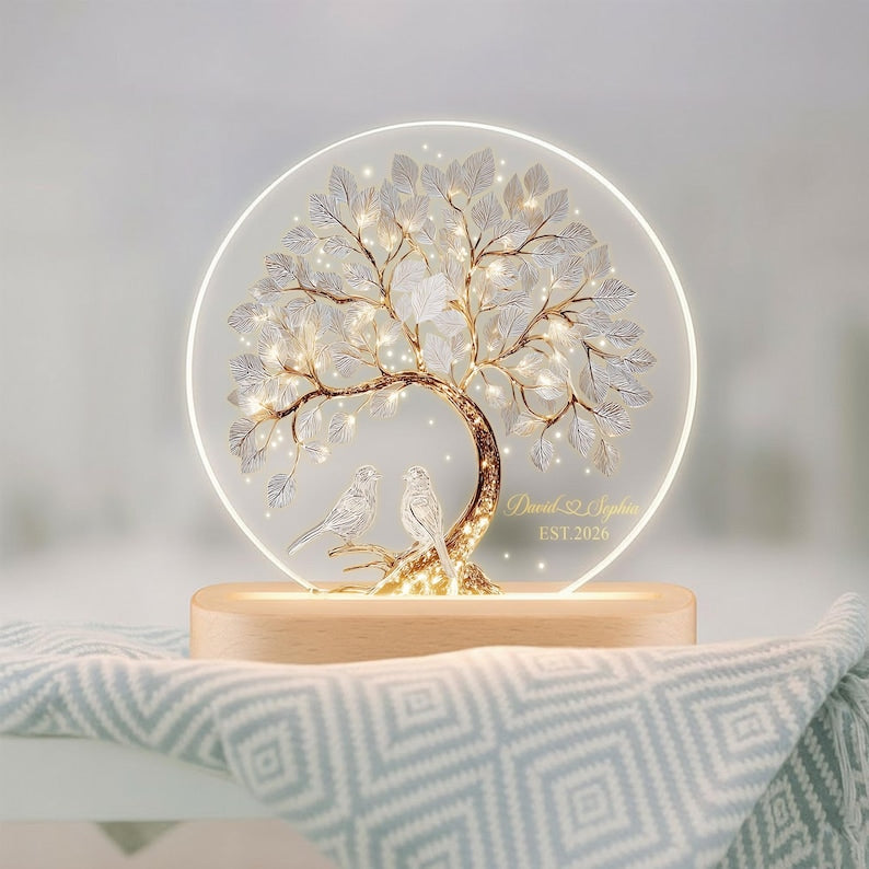 Custom Tree Of Love Couples Night Light, Couples Bird Name Led Light, Romantic Gift For Couples, Couples Anniversary Gift, Wedding Led Light