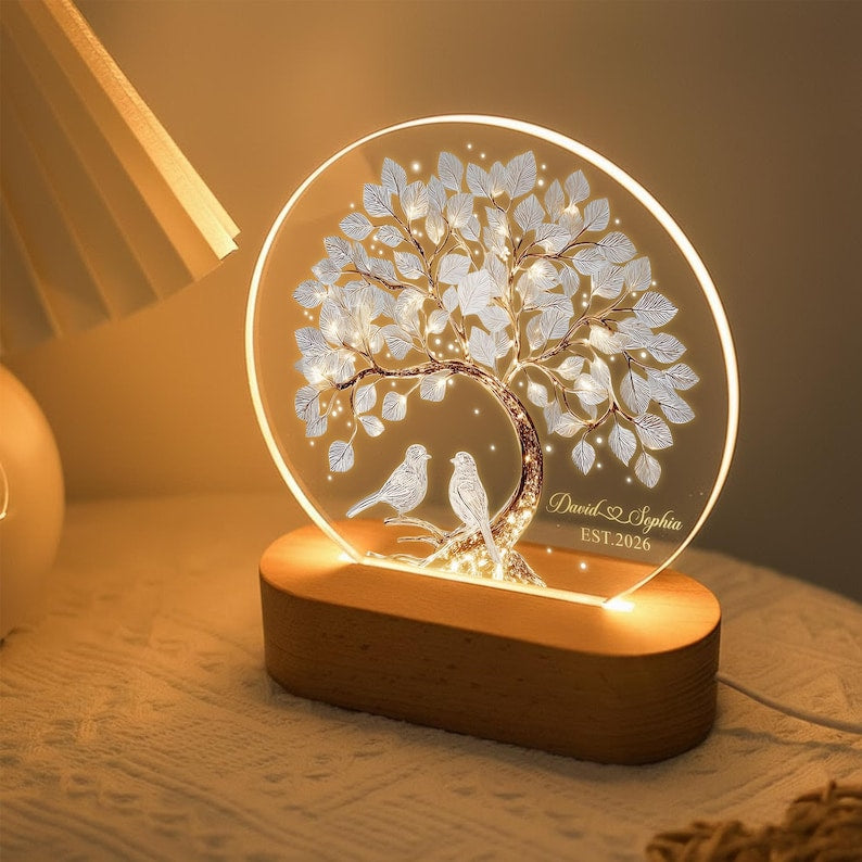 Custom Tree Of Love Couples Night Light, Couples Bird Name Led Light, Romantic Gift For Couples, Couples Anniversary Gift, Wedding Led Light