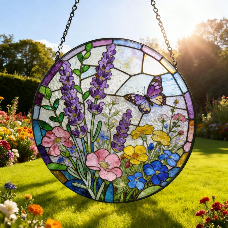Charming Butterfly Sun Catcher Stained Glass Sunflower Iris Flower Garden Autumn Window Hanging Glass Ornament Mom Gift