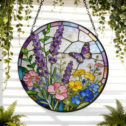 Charming Butterfly Sun Catcher Stained Glass Sunflower Iris Flower Garden Autumn Window Hanging Glass Ornament Mom Gift