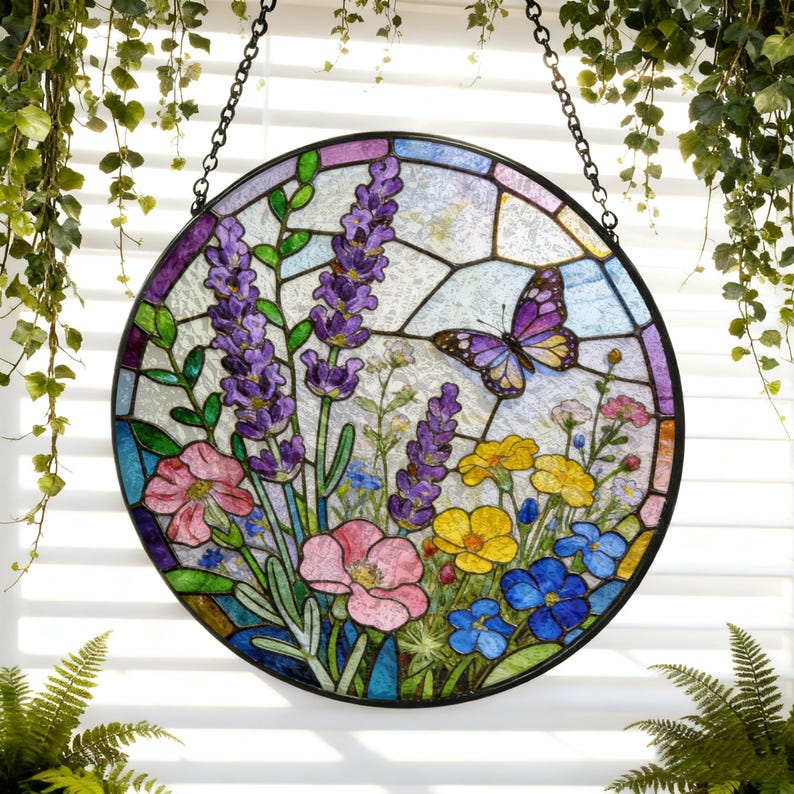 Charming Butterfly Sun Catcher Stained Glass Sunflower Iris Flower Garden Autumn Window Hanging Glass Ornament Mom Gift