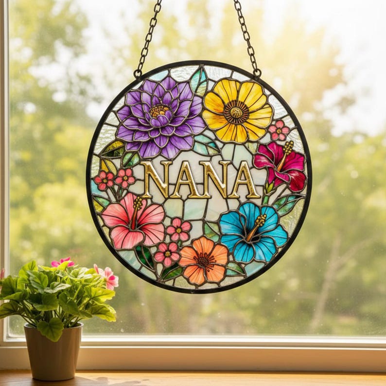 Personalized Floral Stained Glass Suncatcher, Custom Flower Window Hanging Decor With Name, Gift for Mom Grandma Nana