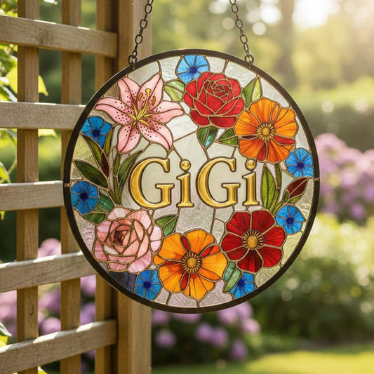 Personalized Floral Stained Glass Suncatcher, Custom Flower Window Hanging Decor With Name, Gift for Mom Grandma Nana