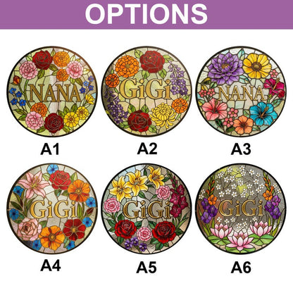 Personalized Floral Stained Glass Suncatcher, Custom Flower Window Hanging Decor With Name, Gift for Mom Grandma Nana