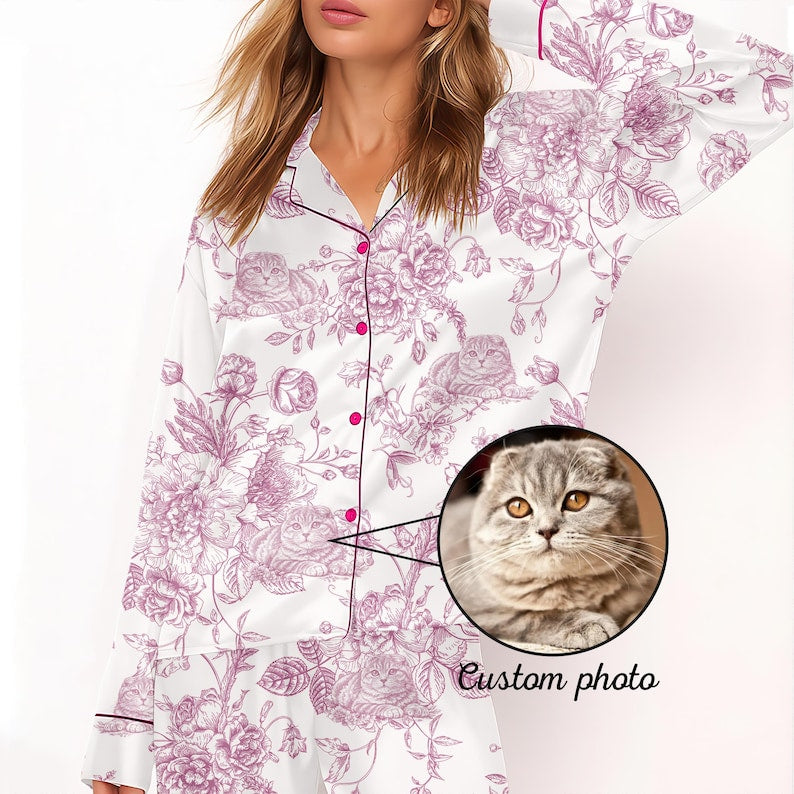 Custom Pet Portrait Chinoiserie Pajamas Set, Personalized Dog Face Pajama, Pet Lover Gift, Blue Toile Dog Photo Pajamas, Dog Breed Pjs Pants