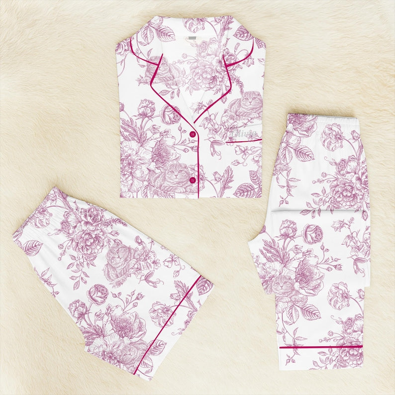 Custom Pet Portrait Chinoiserie Pajamas Set, Personalized Dog Face Pajama, Pet Lover Gift, Blue Toile Dog Photo Pajamas, Dog Breed Pjs Pants