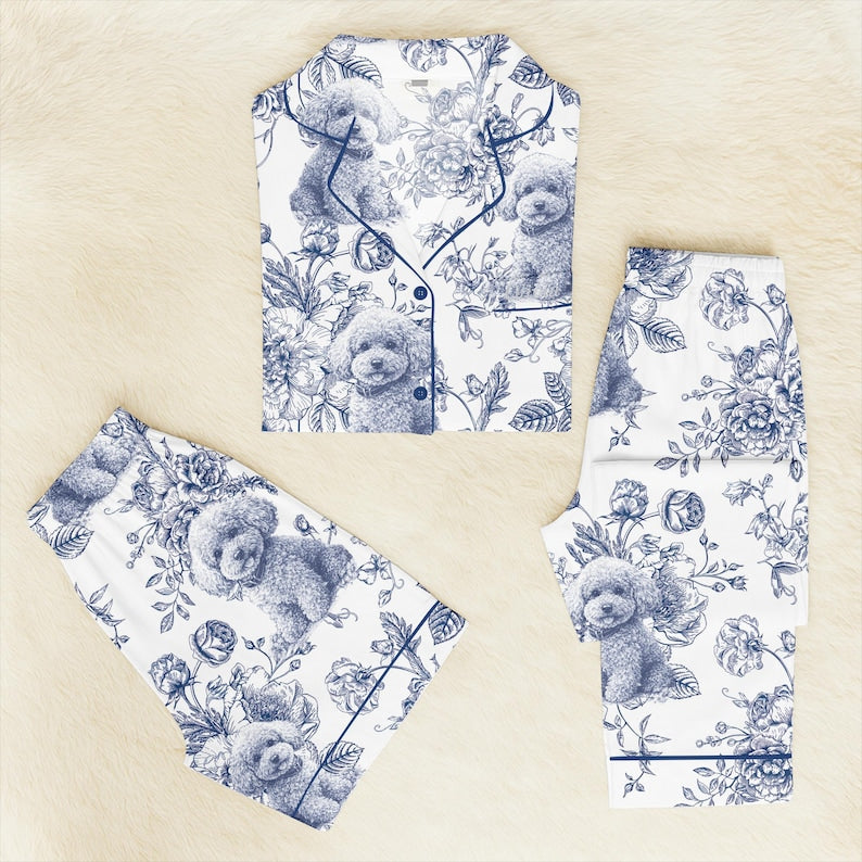 Custom Pet Portrait Chinoiserie Pajamas Set, Personalized Dog Face Pajama, Pet Lover Gift, Blue Toile Dog Photo Pajamas, Dog Breed Pjs Pants