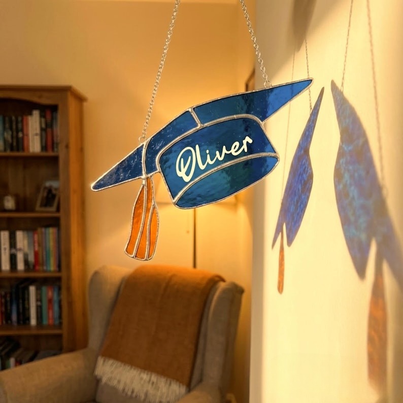 Personalized Graduation Cap Stained Glass Suncatcher, Custom Name Handmade Grad Glass Window Hanging Gift