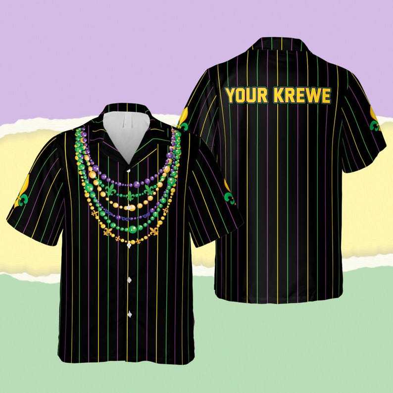 Custom Mardi Gras Hawaiian Shirt With Krewe Name, Beads Necklace Fleur De Lis Carnival Button Up, Louisiana Parade Shirt, Fat Tuesday Gift