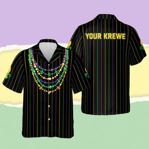 Custom Mardi Gras Hawaiian Shirt With Krewe Name, Beads Necklace Fleur De Lis Carnival Button Up, Louisiana Parade Shirt, Fat Tuesday Gift