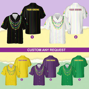 Custom Mardi Gras Hawaiian Shirt With Krewe Name, Beads Necklace Fleur De Lis Carnival Button Up, Louisiana Parade Shirt, Fat Tuesday Gift