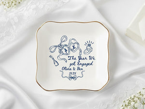 Personalized Engagement Ring Dish Tray, The Year We Got Engaged Ceramic Jewelry Holder with Names & Year, Bride to Be Gift