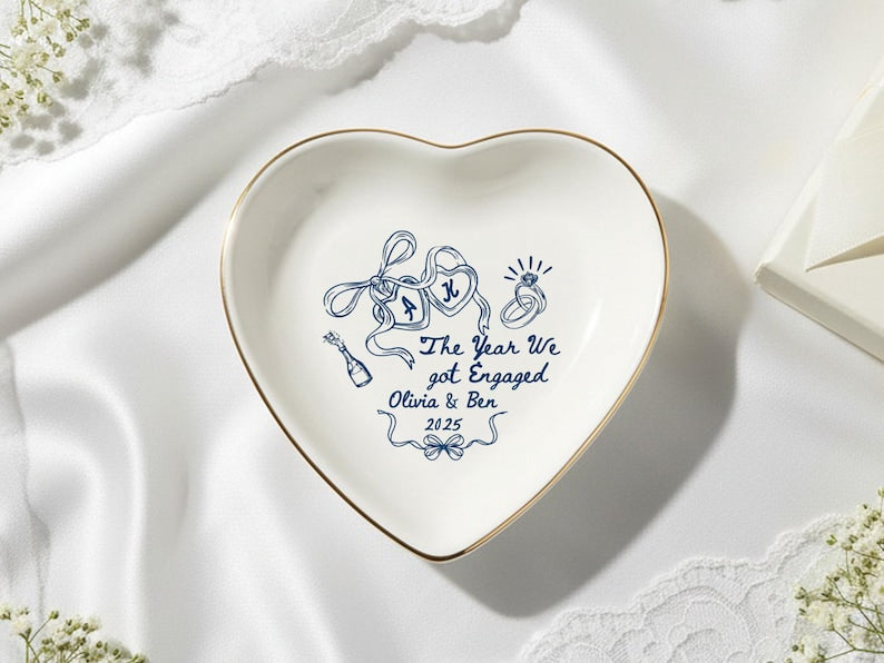 Personalized Engagement Ring Dish Tray, The Year We Got Engaged Ceramic Jewelry Holder with Names & Year, Bride to Be Gift