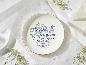 Personalized Engagement Ring Dish Tray, The Year We Got Engaged Ceramic Jewelry Holder with Names & Year, Bride to Be Gift