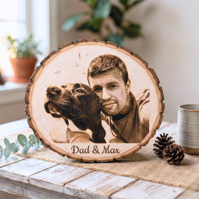 Pet Memorial Plaque - Custom Pet Portrait from Photo Personalized Dog or Cat Engraved Live Edge Wood Slab Keepsake