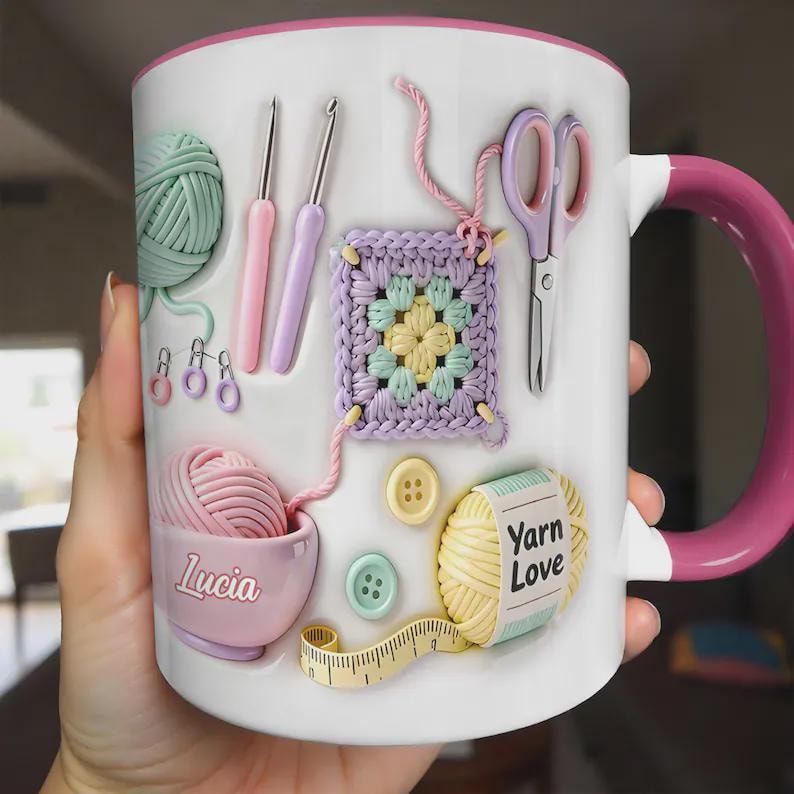 3D Inflated Effect Yarn Love Mug, Personalized Crochet Mug, Knitting Lover Gifts, Gift For Crafters, Crochet Lover Accent Coffee Mug