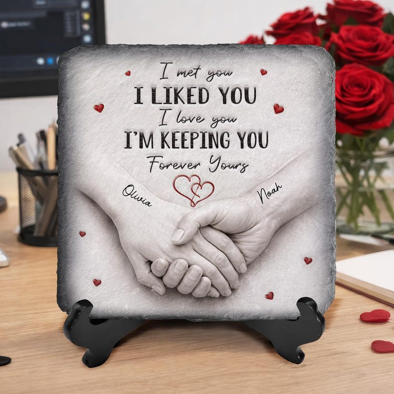 Forever & Always Holding On To You - Personalized Holding Hands Stone Plaque,Custom Home Decor, Custom Name Date, Couples Anniversary Gifts